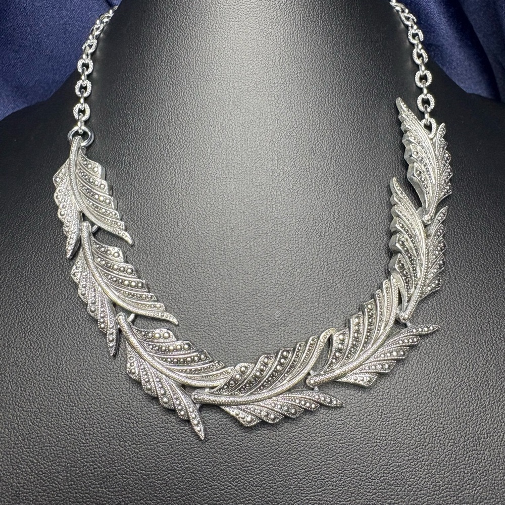 Necklace Choker Vintage Signed “Germany” Marcasite-Look Linked Leaves Silver